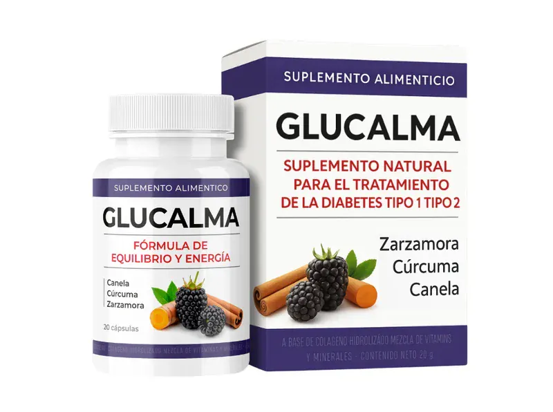 Envase original de Glucalma — frasco y caja de 20 cápsulas